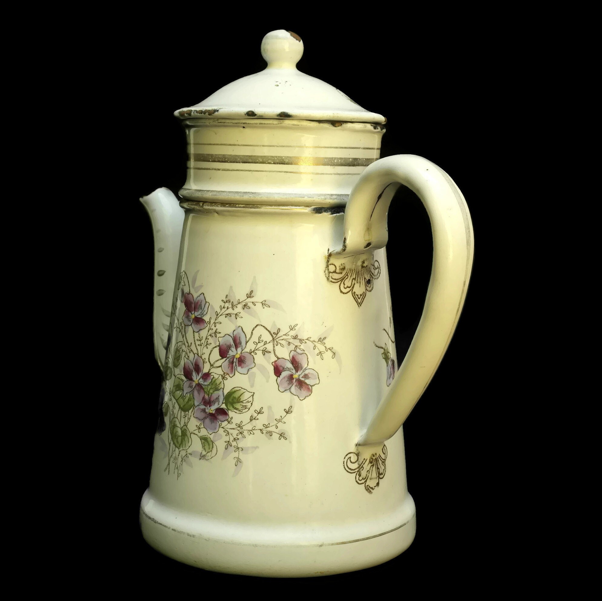 French Enamel Coffee Pot with Flowers. White and Purple Rustic Kitchen