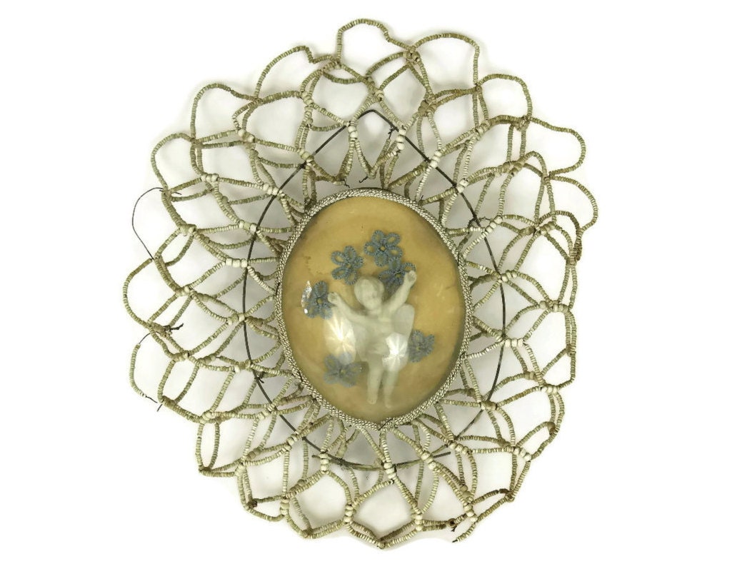 Antique French Beaded Funeral Wreath with Flowers and Porcelain Cherub