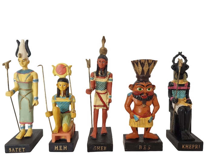 Vintage Egyptian God Figurines, Set of 5 with Satet, Heh, Gheb, Bes, Khepri, Ancient Egypt Mythology Hachette Collection