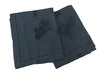 Pair of Antique French Linen Napkins with Chinoiserie Embroidery and Lace, Navy Blue Serviettes