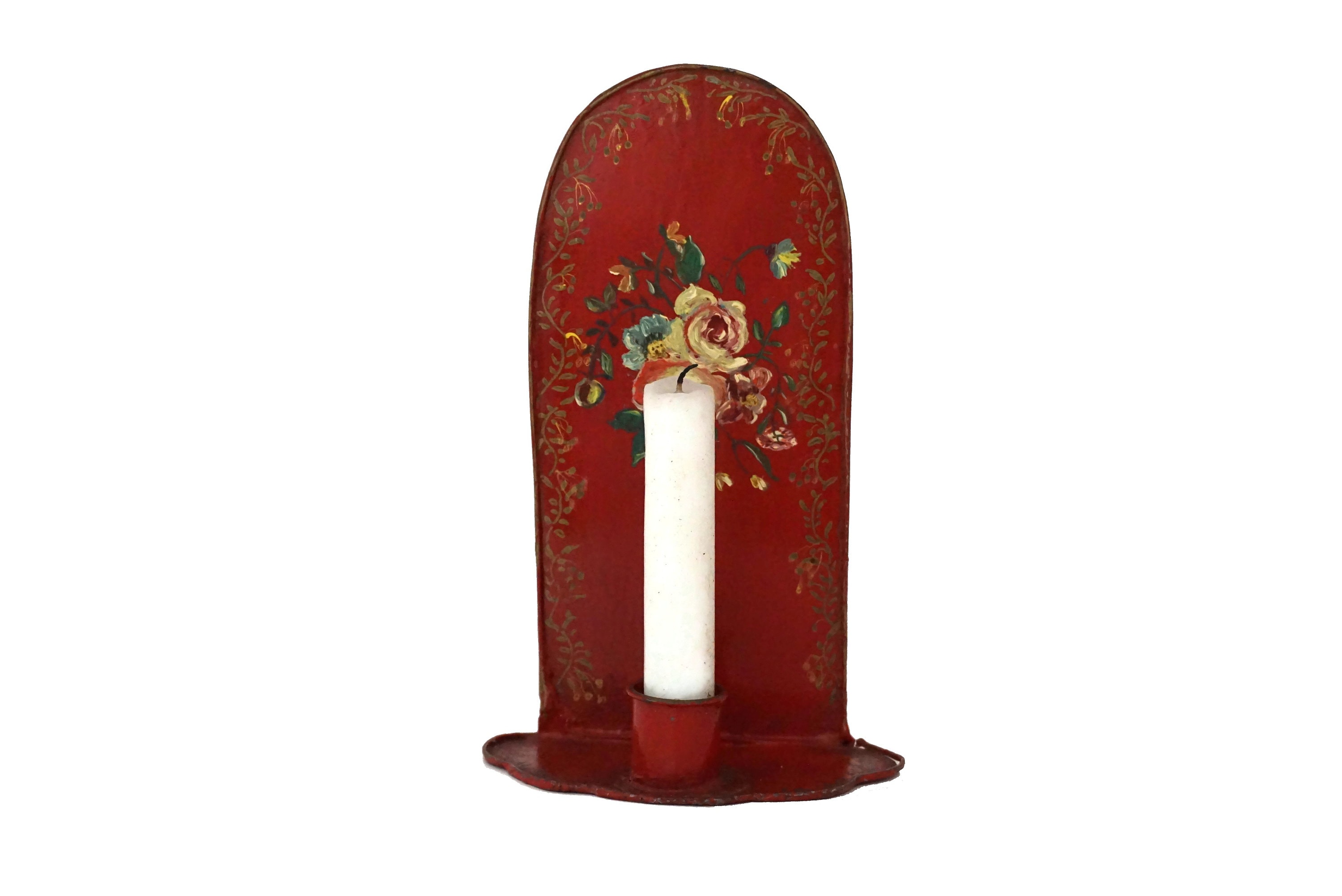 Antique French Tole Candle Holder with Hand Painted Flowers, Toleware