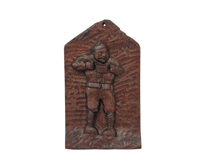 WW1 Trench Art Carving Plaque, Zoomorphic Caricature Wall Hanging, Antique French Military Souvenir