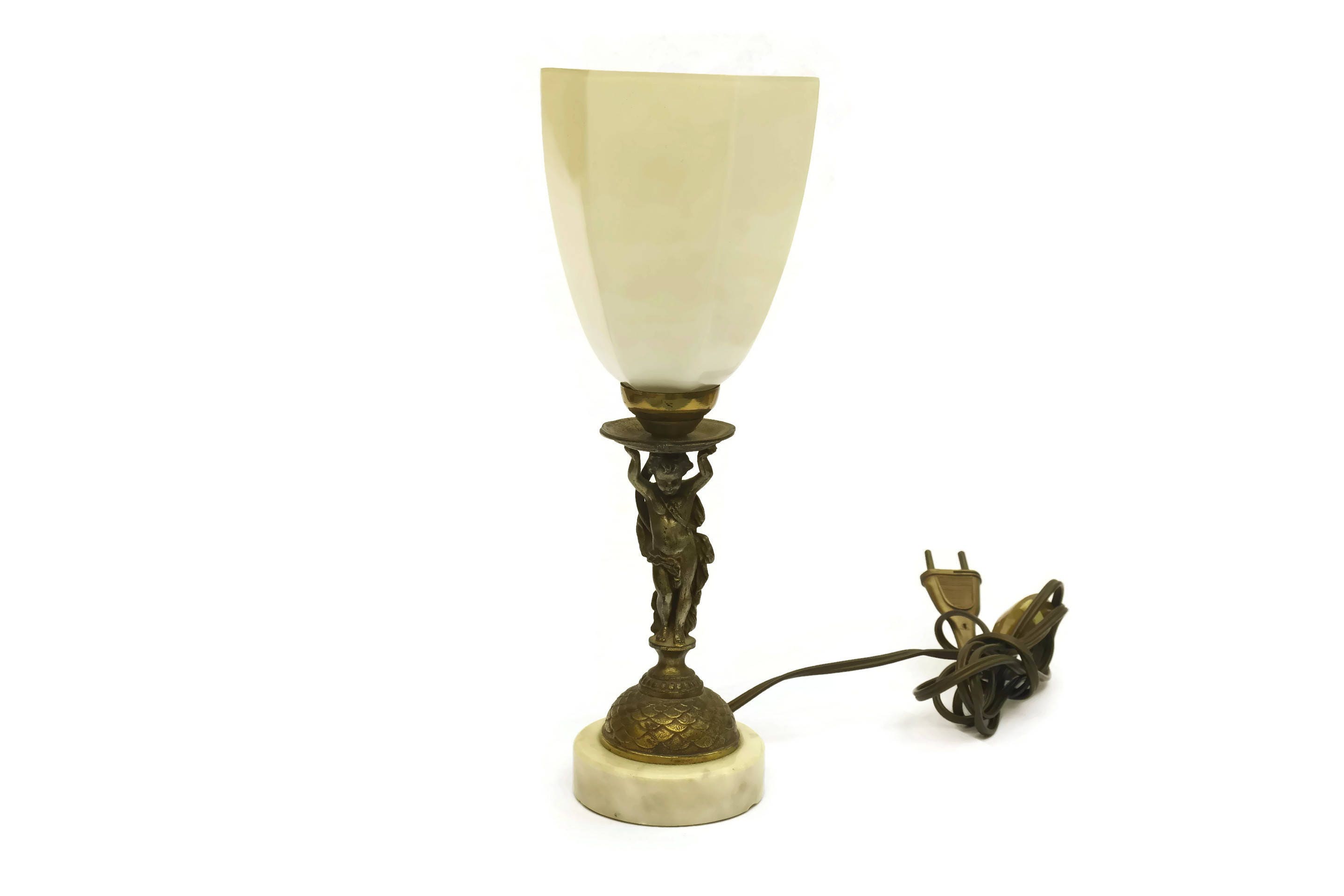 French Vintage Brass Angel Lamp. Cherub Table Lamp with White lamp