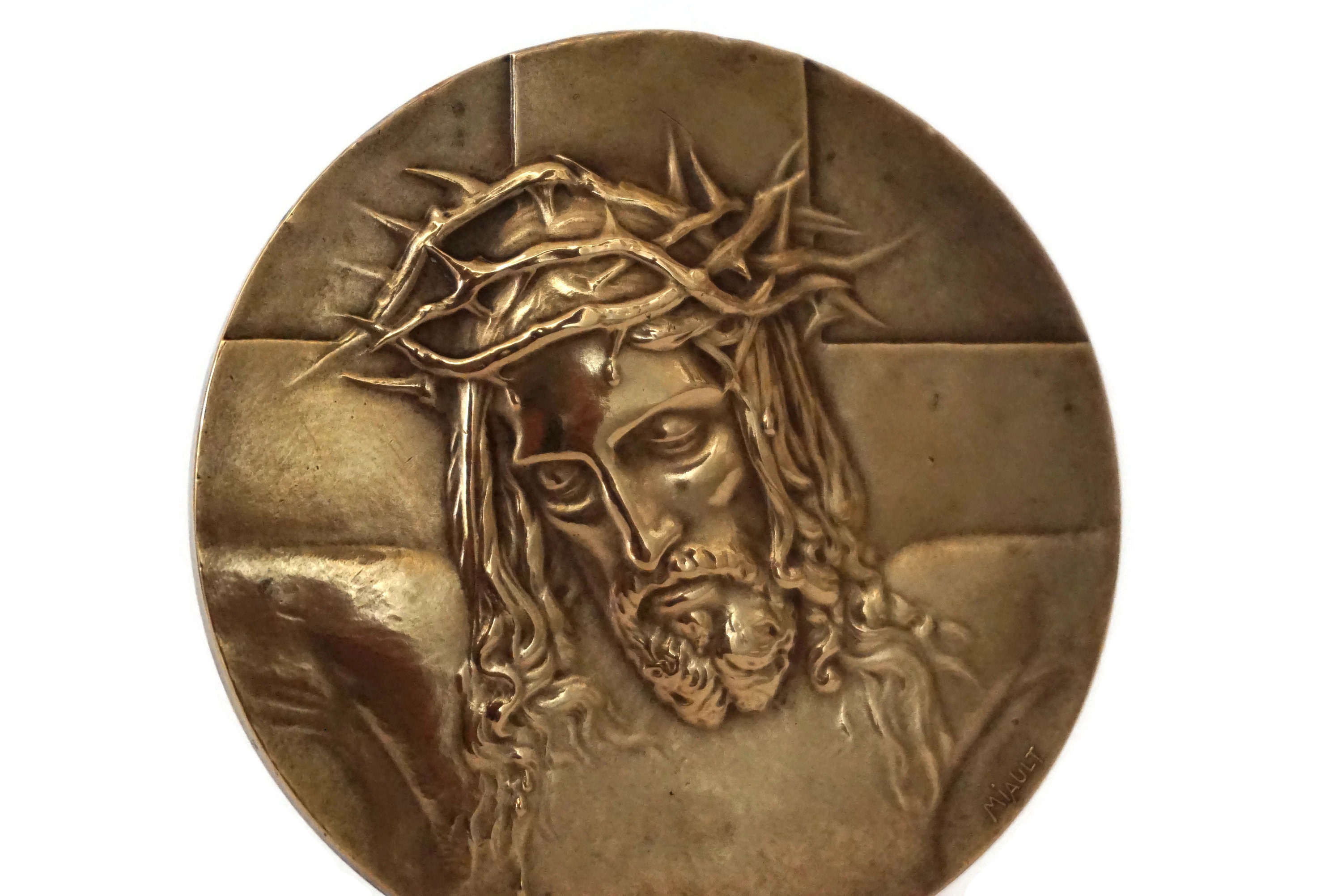 Antique Bronze Jesus Portrait Medallion Plaque by Henri Miault, French