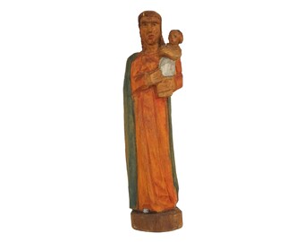 Madonna and Child Wooden Statuette, Carved Wood Virgin Mary and Baby Jesus Figurine