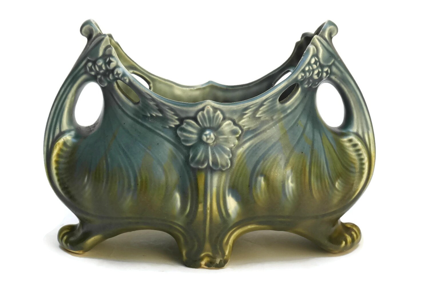 Art Nouveau Flower Vase. Antique Jardiniere. Blue and Green Ceramic