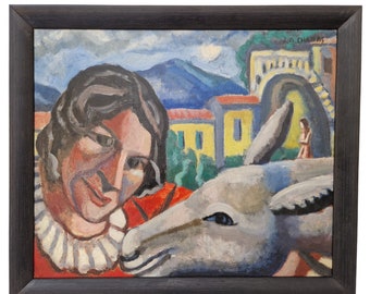 Woman and Donkey Oil Painting, Cubist Style Wall Hanging Art, French Original Signed Artwork