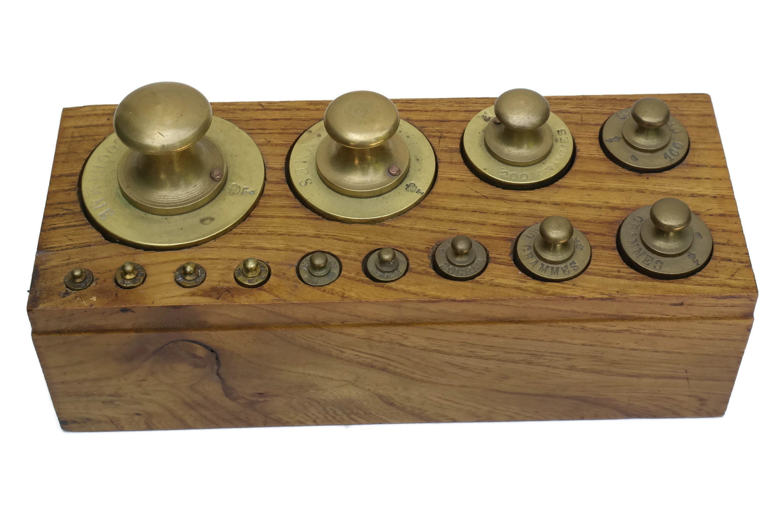 French Brass Weights with Wooden Block Holder. Antique Measuring Scale
