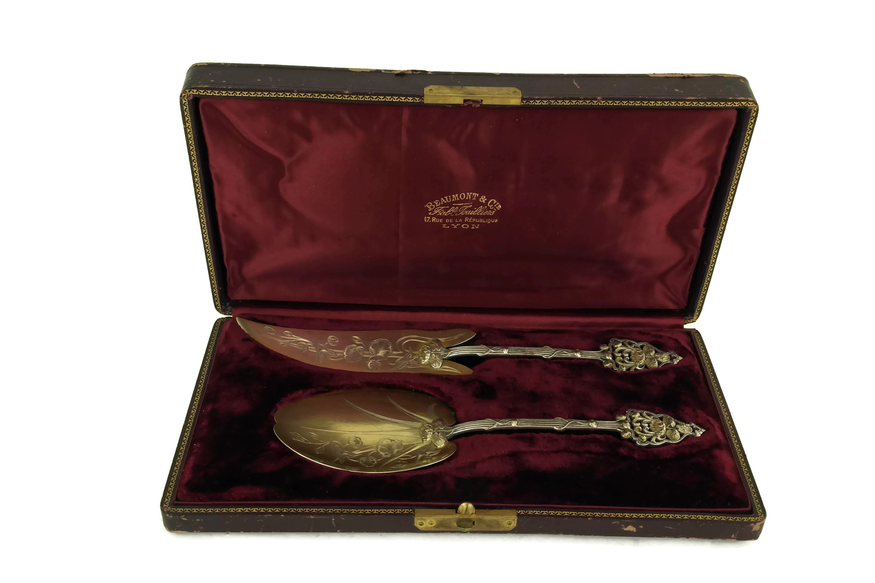 Antique Sterling Silver Cake Server Set with French Art Nouveau Flowers