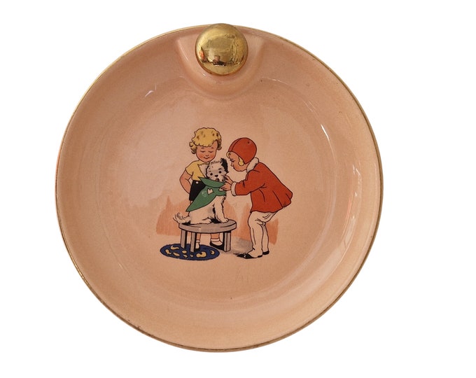 Art Deco Baby Feeding Bowl with Children and Dog Illustration, Pink and Gold Porcelain Food Warming Dish