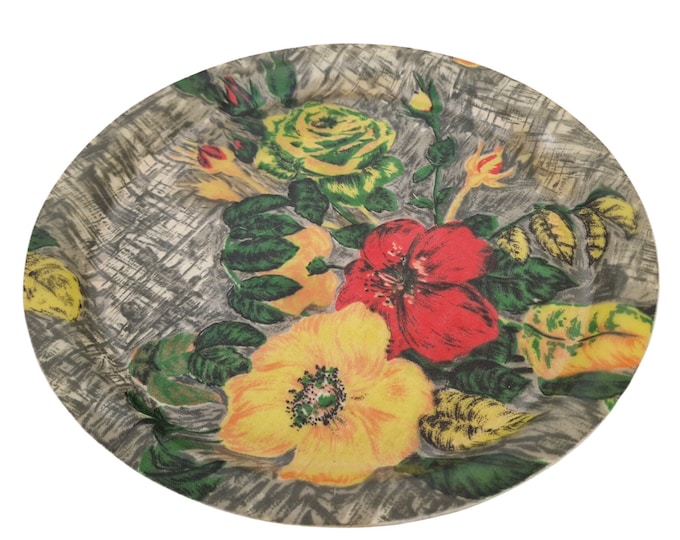 Mid Century Round Serving Tray, French Retro Floral Print Fabric and Fiberglass Bar Platter