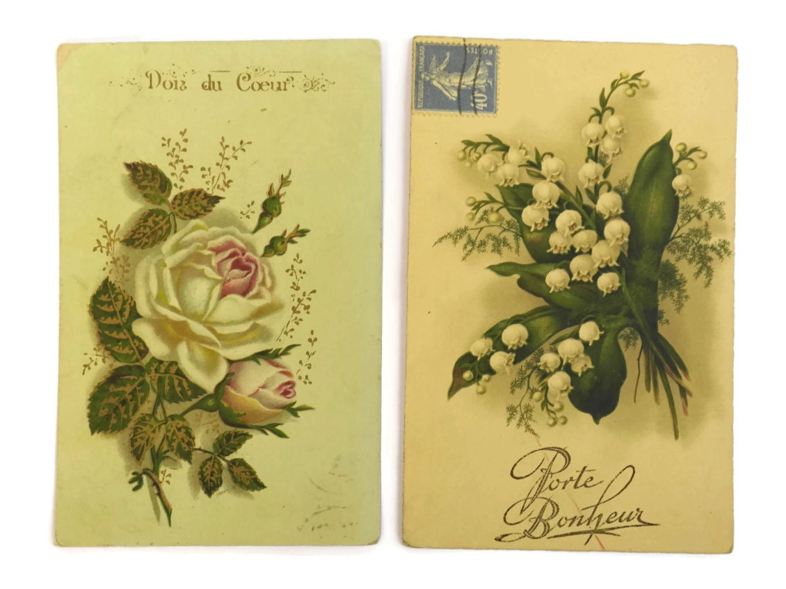 Antique French Postcards. Embossed Post Cards with French Handwritting