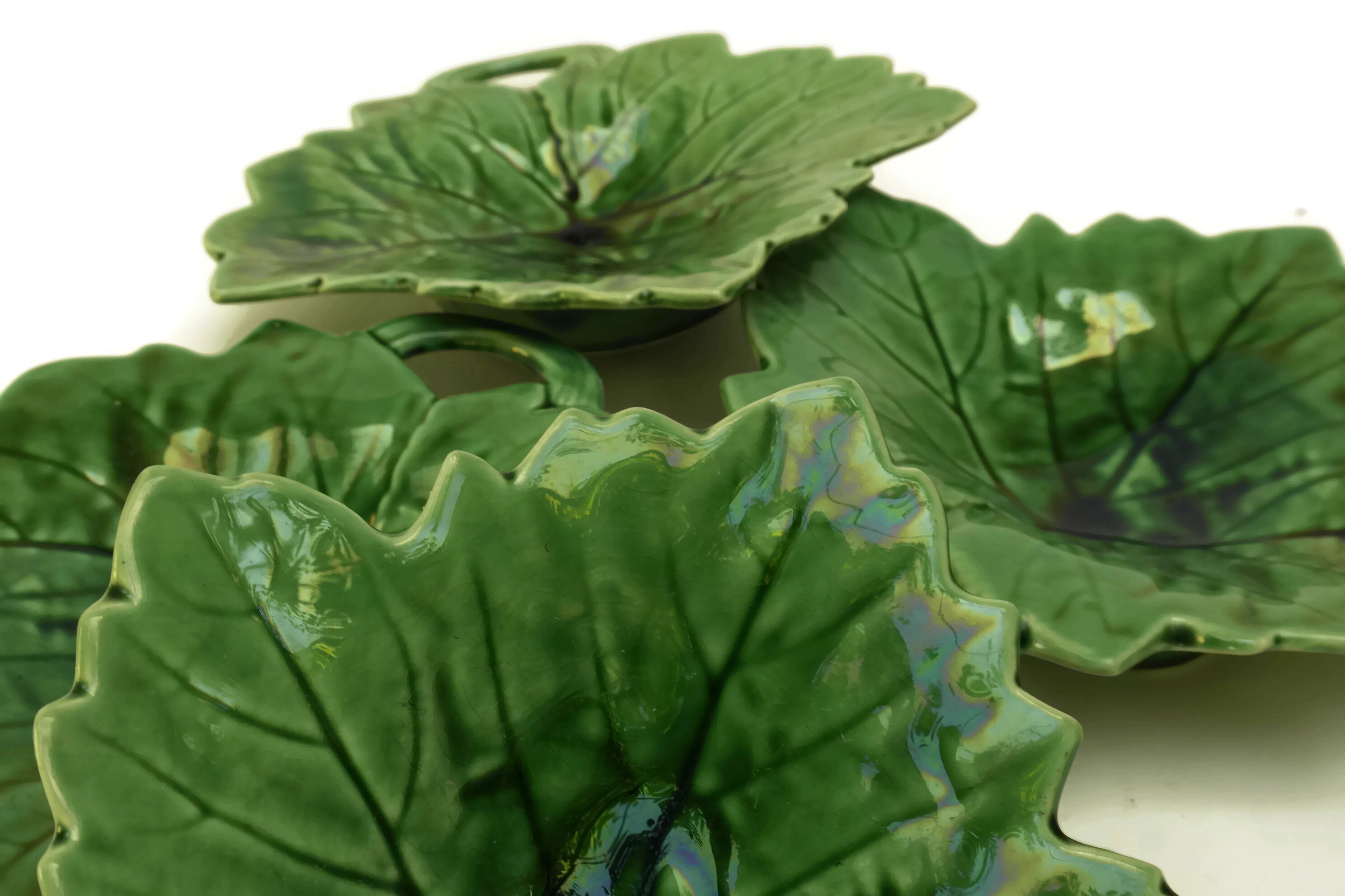 Green Majolica Leaf Plates Set of 4. French Antique Sarreguemines