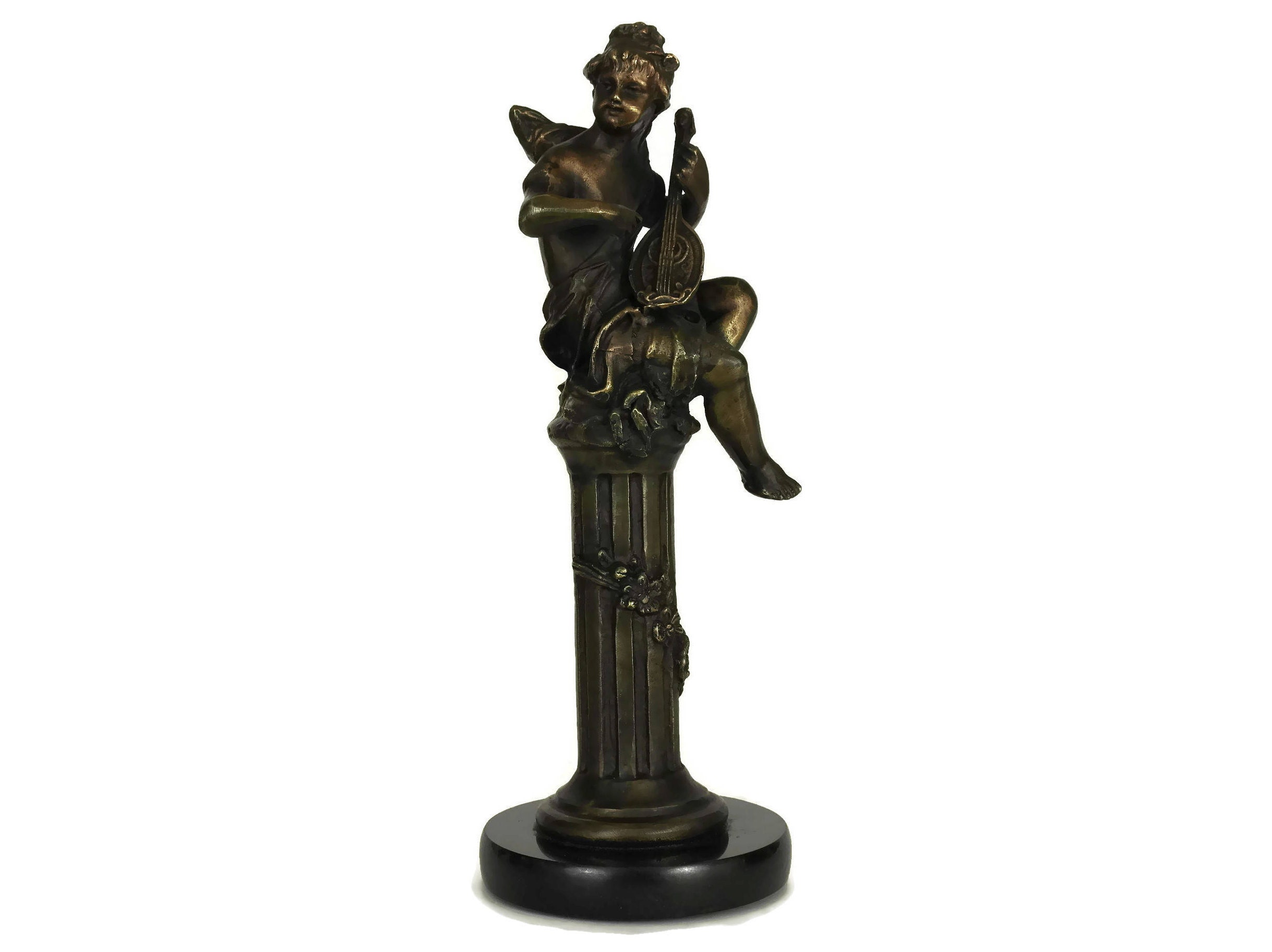 French Vintage Bronze Cherub Statuette, Angel Figurine Playing Musical Instrument
