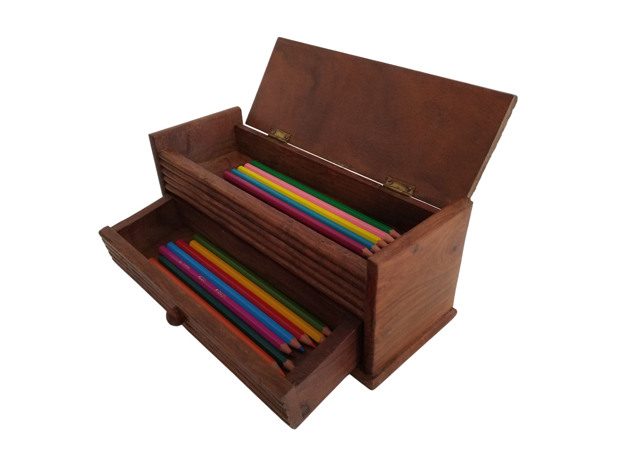 Vintage Wooden Pencil Box and Desk Organizer