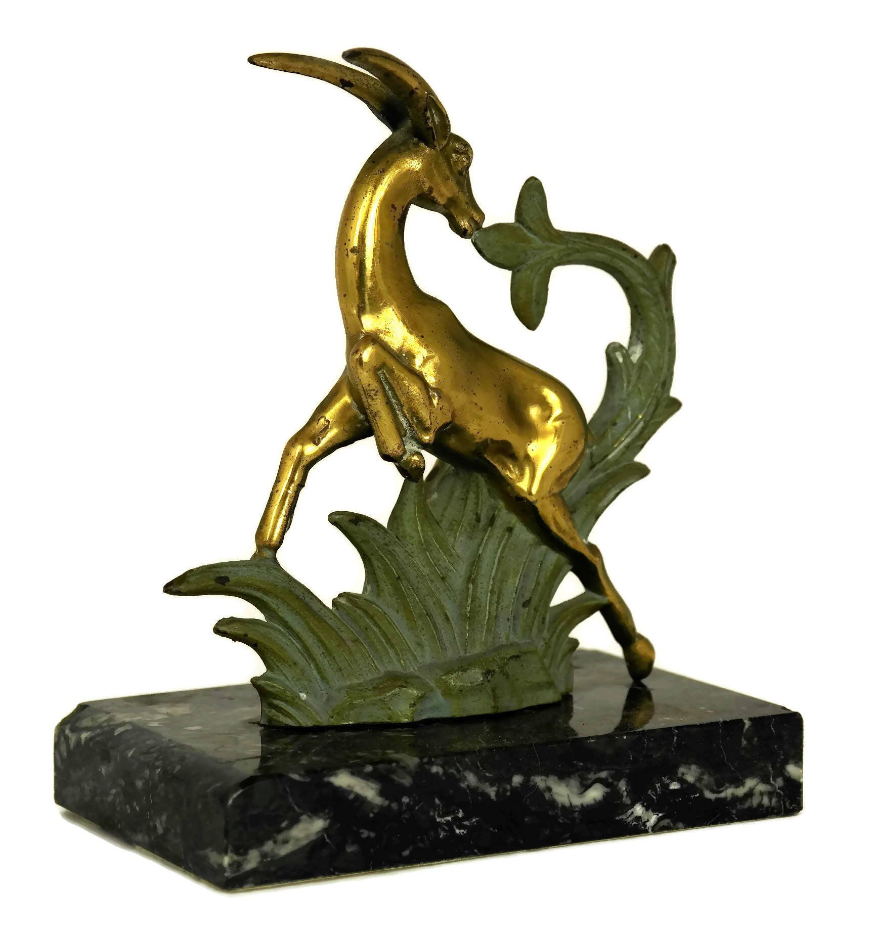 Art Deco Gazelle Statue. Brass Antelope Figurine on Black ...