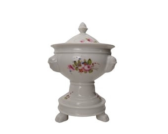 Antique French Porcelain Compote Dish Tureen with Hand Painted Flowers, Small Serving Dish on Tripod Pedestal Base with Face Masks