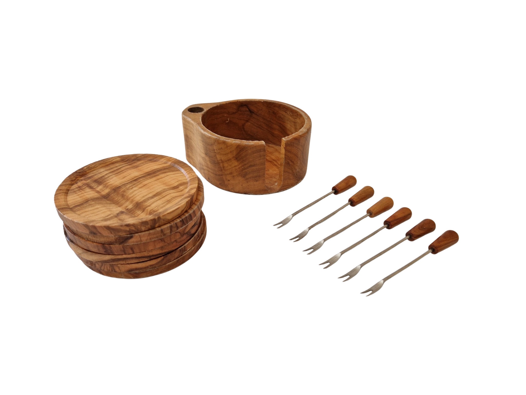 French Olive Wood Cocktail Pick Holder and Drinks Coaster Set, Mid