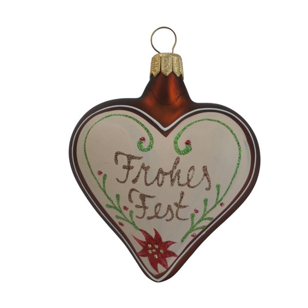 Gingerbread Heart Christmas Tree Ornament, Vintage German Frohes Fest Blown Glass Bauble