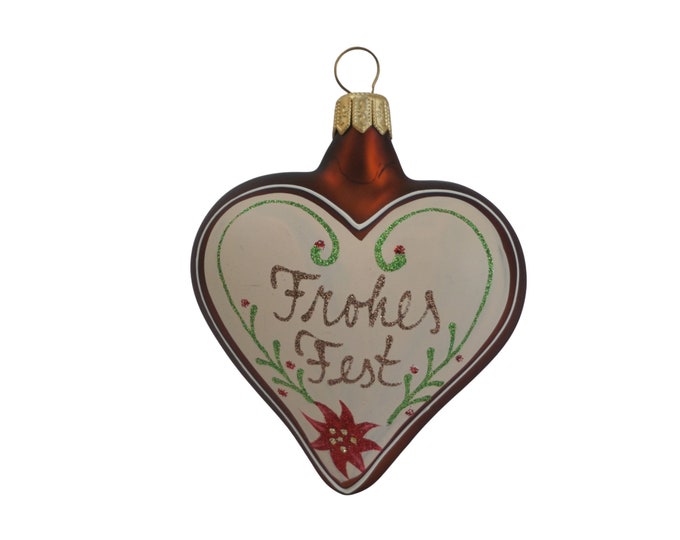 Gingerbread Heart Christmas Tree Ornament, Vintage German Frohes Fest Blown Glass Bauble