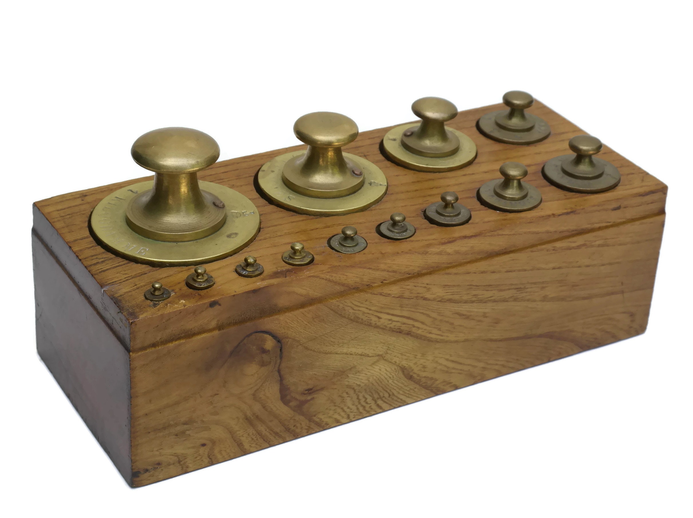 French Brass Weights With Wooden Block Holder Antique Measuring French Brass Weights With Wooden Block Holder Antique Measuring Scale Gramme Weight Set Rustic Kitchen Decor