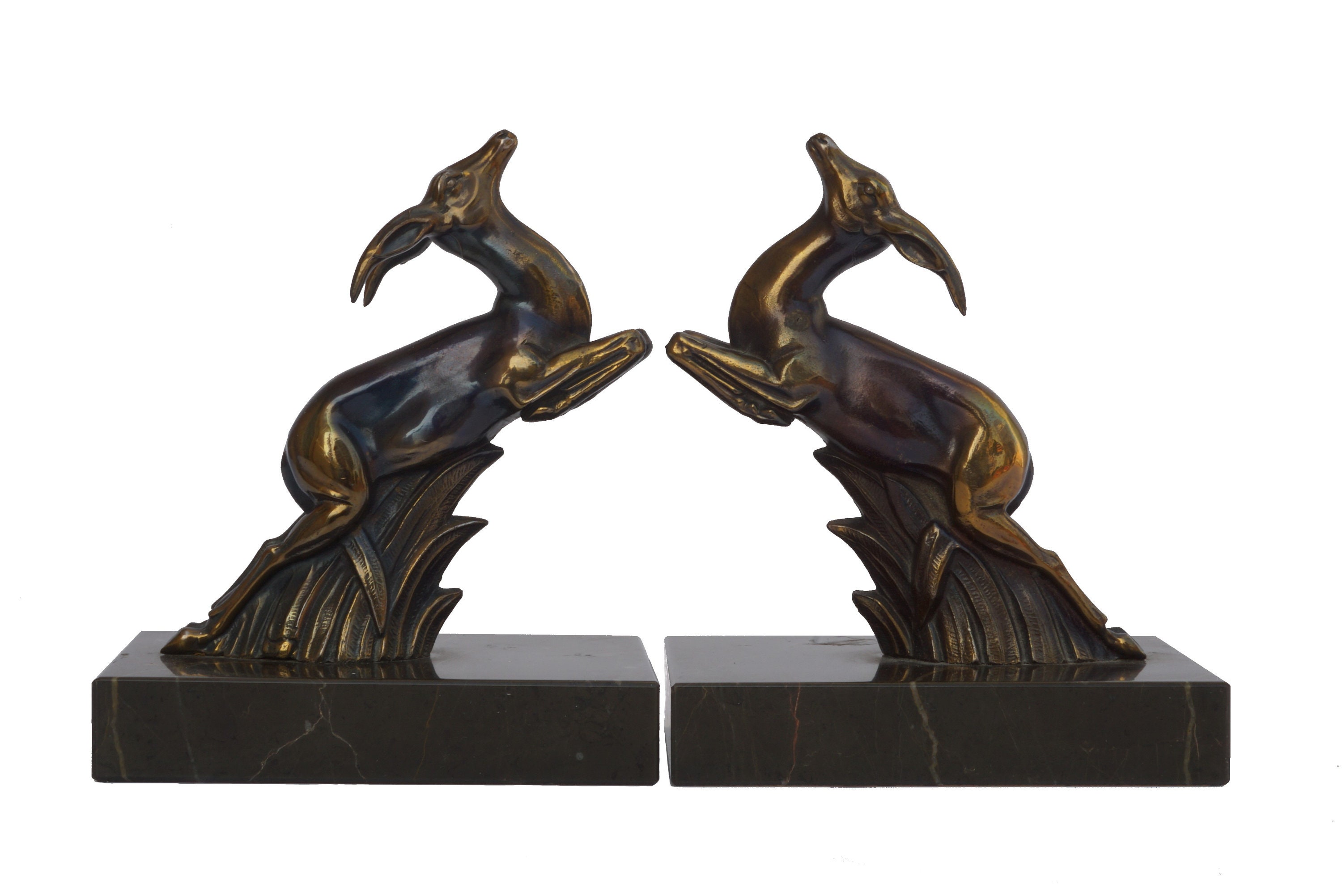 Art Deco Gazelle Figurine Bookends, French Antique Antelope Statues