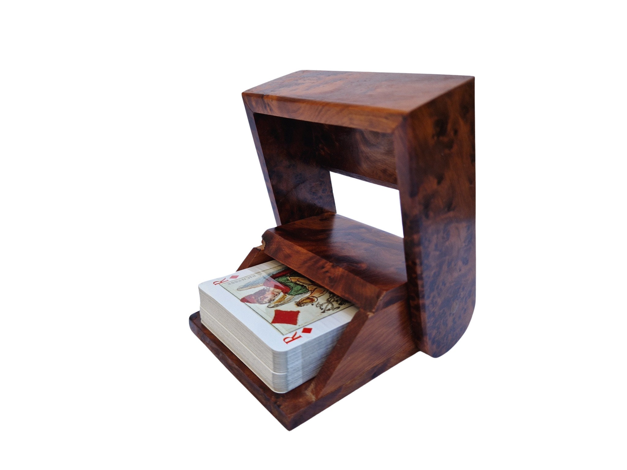 Elm Burl Wood Playing Card Deck Holder, French Vintage Business Card