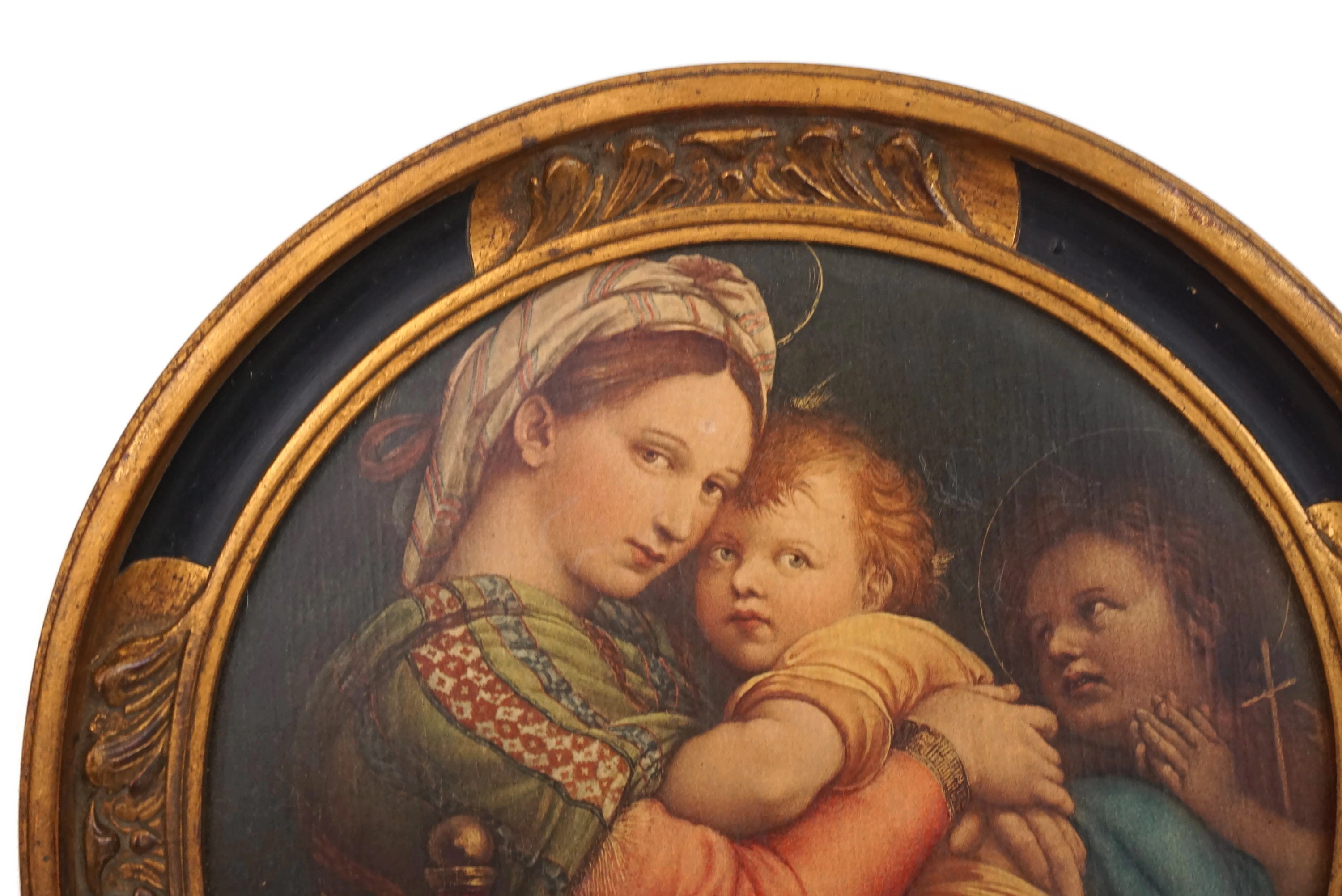 Antique Raphael Madonna of the Chair, Virgin Mary and Child Christ