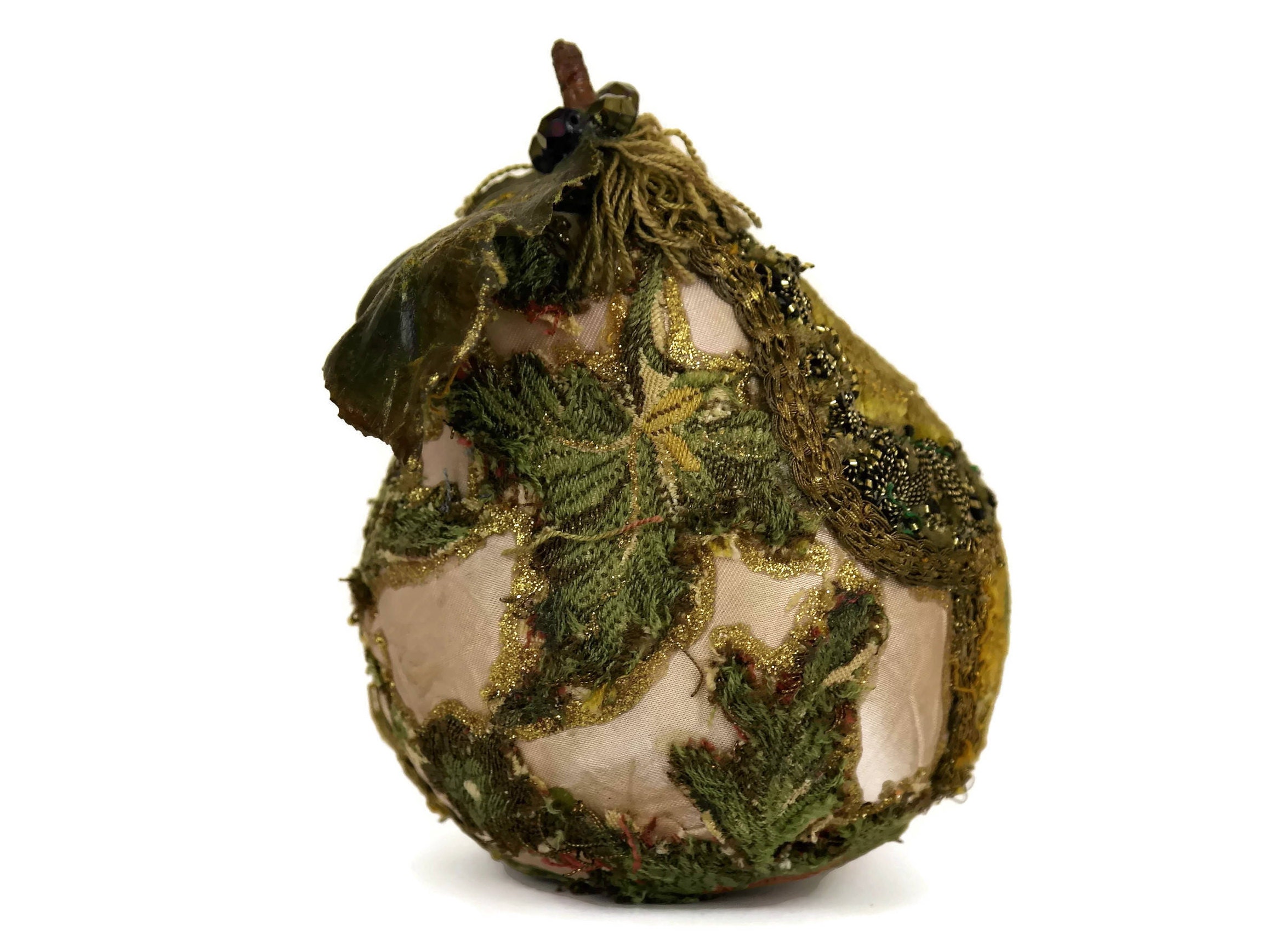 Antique Crazy Quilt Christmas Ornament. Bead Embroidery Pear Ornament
