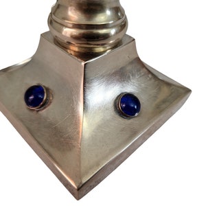 French Brass and Silver Plate Candle Holder Pair with Sapphire Blue Glass Cabochons image 4