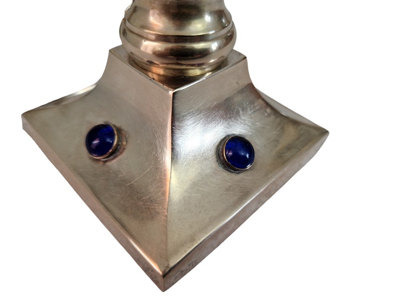 French Brass and Silver Plate Candle Holder Pair with Sapphire Blue Glass Cabochons image 4