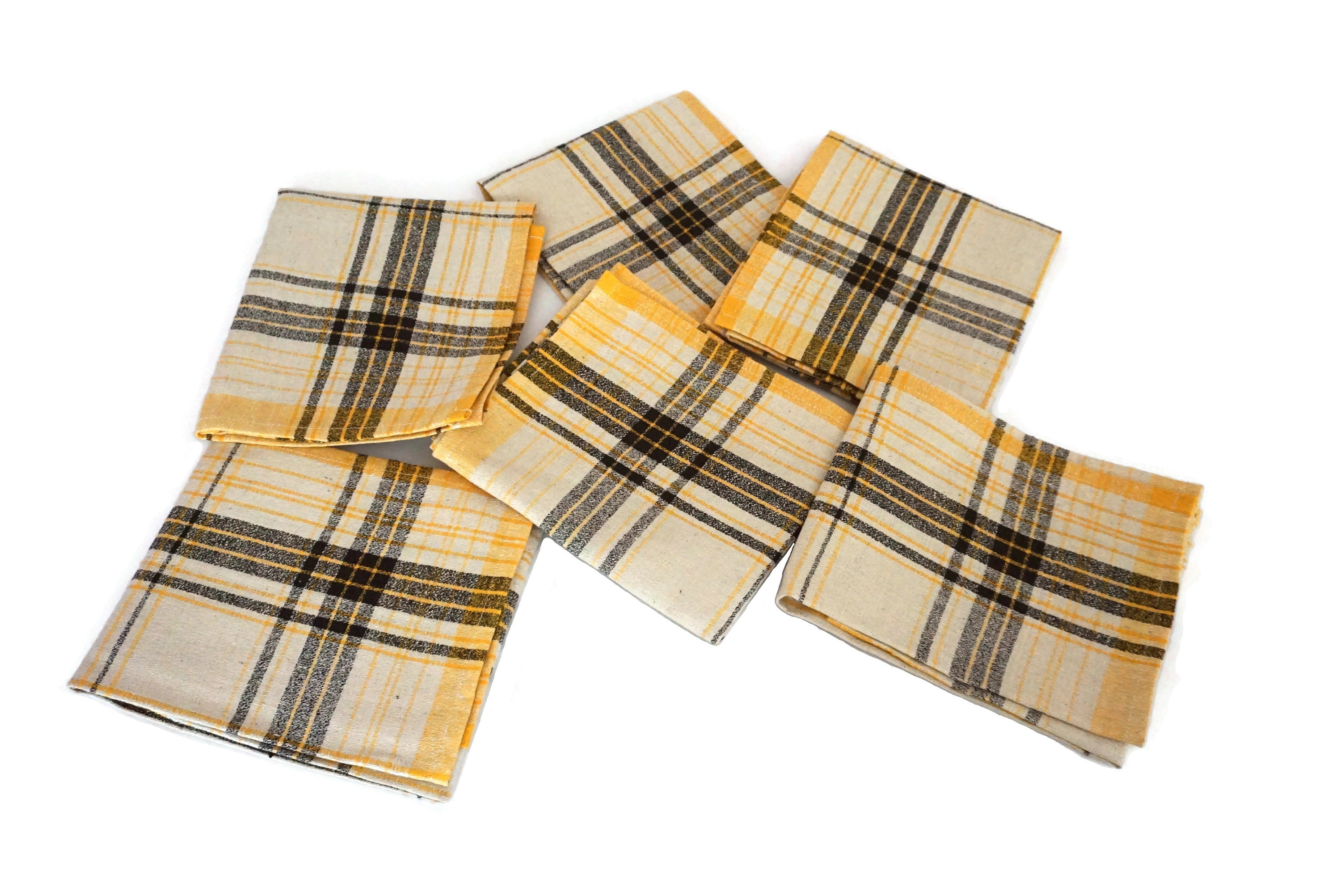 French Plaid Linen Napkins Set of 12, Mid Century Table Serviettes