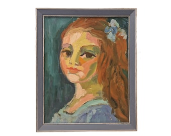 Peinture à l'huile expressionniste de portrait de jeune fille aux cheveux roux, oeuvre d'art originale française encadrée milieu du siècle