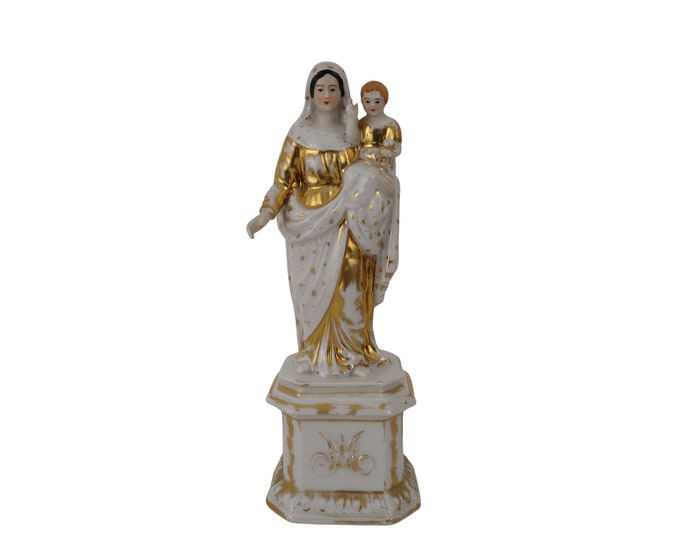 Antique Virgin Mary and Infant Jesus Porcelain Statue, 19th Century French Christian Mother and Child Saint Figurine