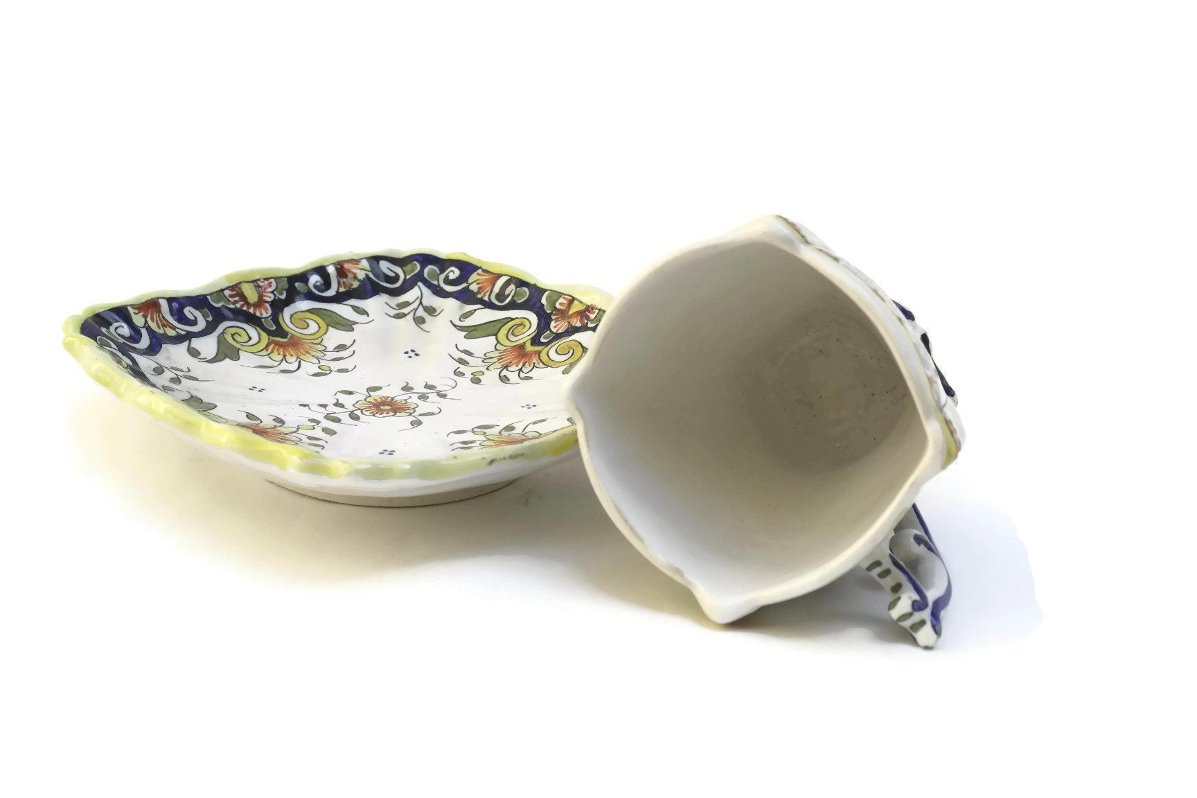 French Faience Cup & Saucer Set. Rouen Pottery Hand Painted Blue and