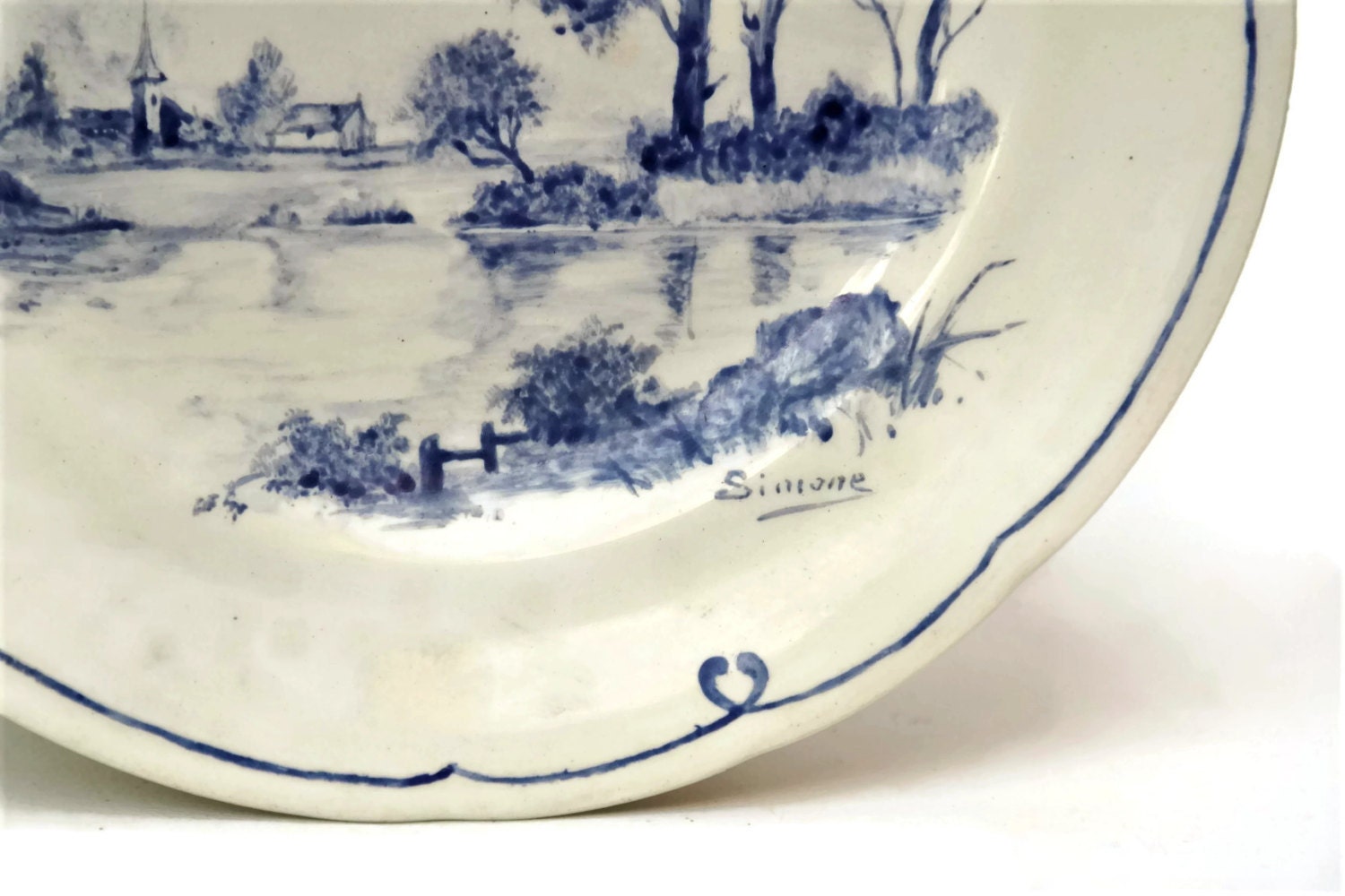 French Antique Blue and White Wall Plate by Gien. Hand Painted Glazed