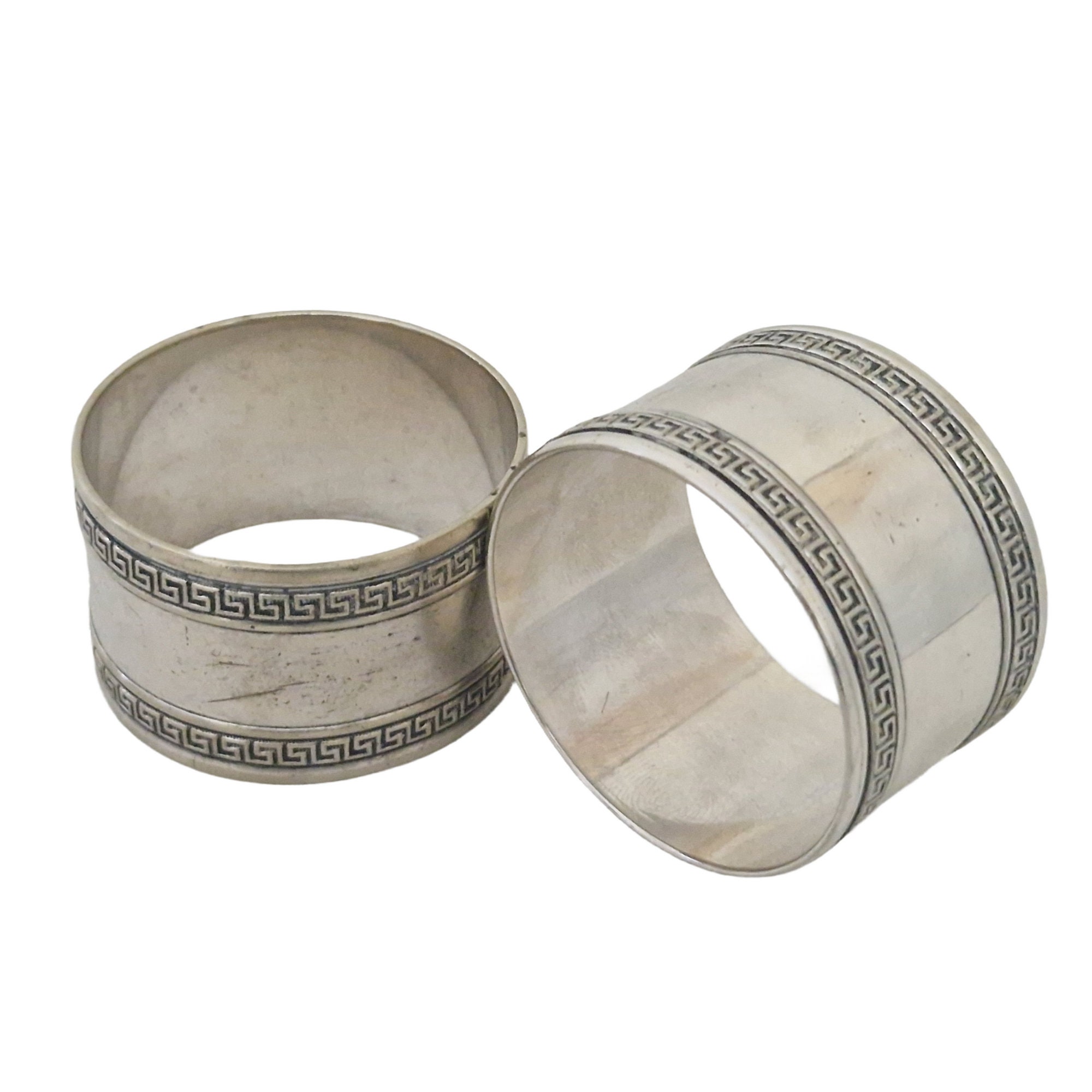 Vintage Christofle Silver Napkin Rings with Greek Key, A Pair, French Silverware Serviette Holders