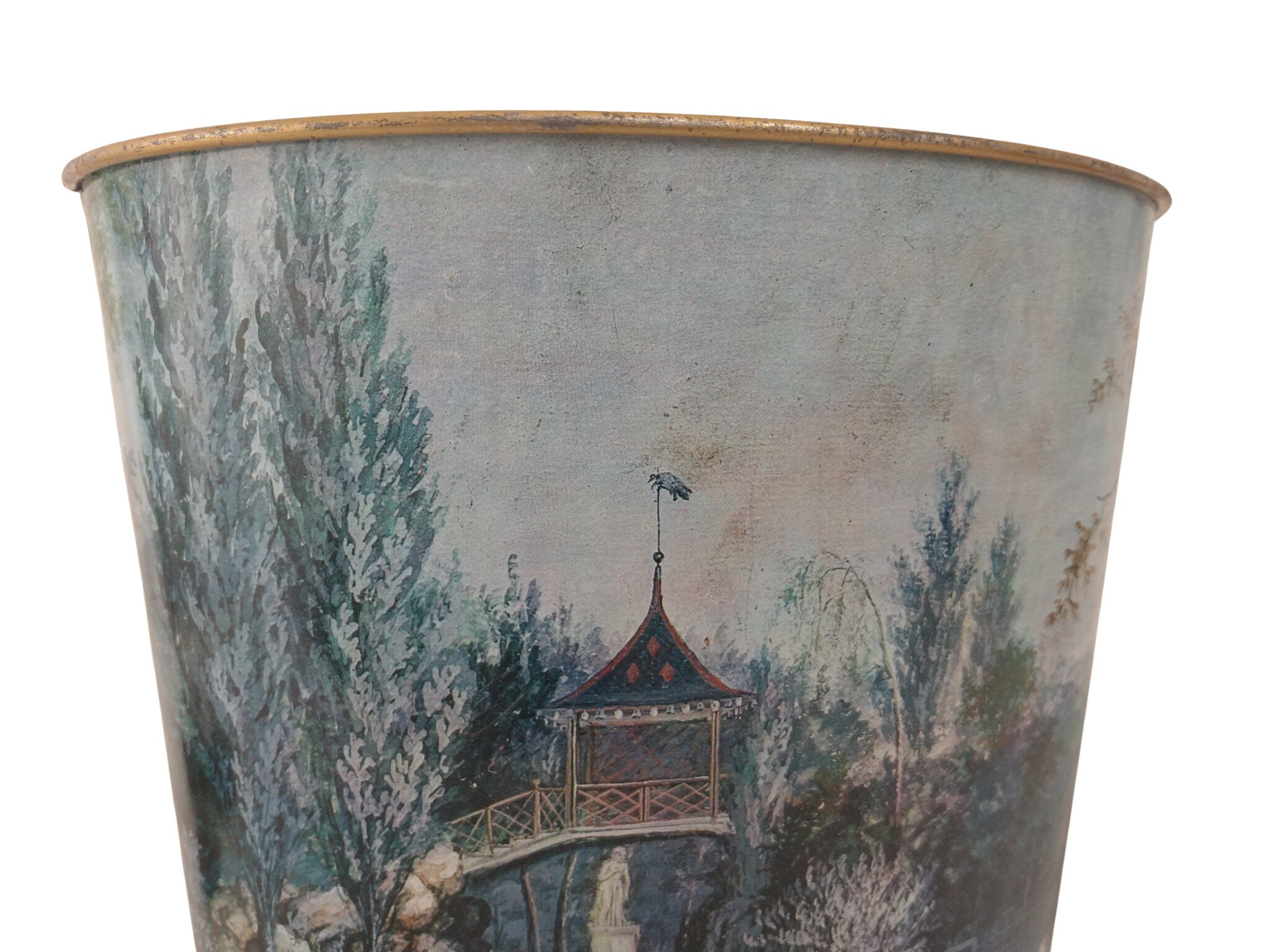 Vintage French Tole Waste Basket with Romantic Courtship Landscape by