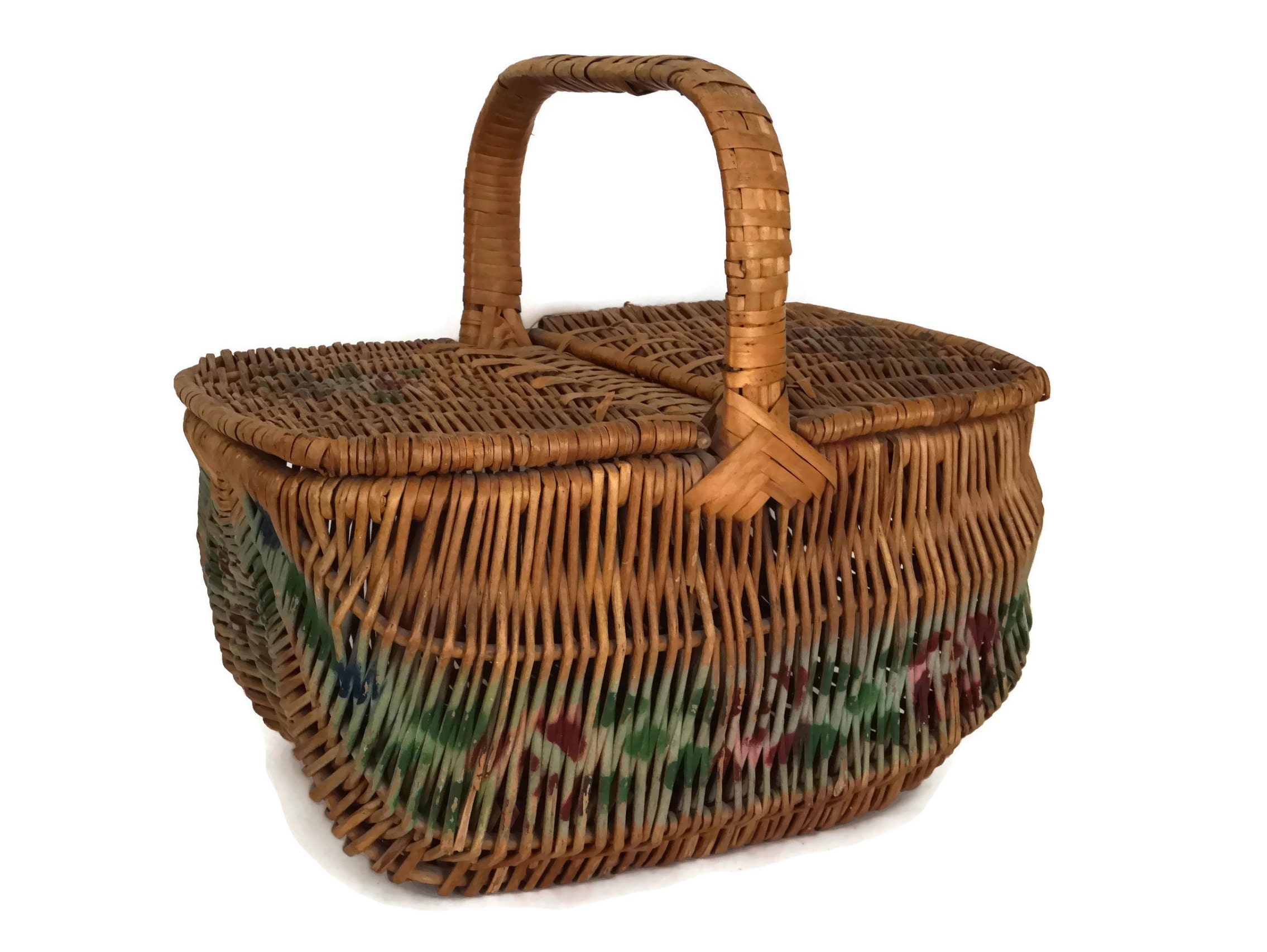 Rustic French Wicker Picnic Basket with Hand Painted Art Deco Flowers and Lid