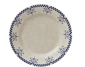 Checkerboard Dinner Plate by Creil Montereau, Antique French Blue Lustucru Transferware