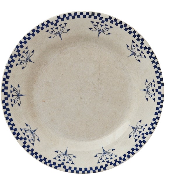 Checkerboard Dinner Plate by Creil Montereau, Antique French Blue Lustucru Transferware