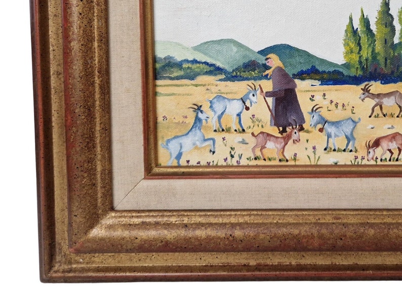 Female Goatherd with Flock of Goats in French Country Landscape Painting, Framed Rustic Farmhouse Art and Wall Decor image 8