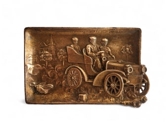 French Bronze Coin Dish with Old Car, Antique Collectible Automobile Ashtray