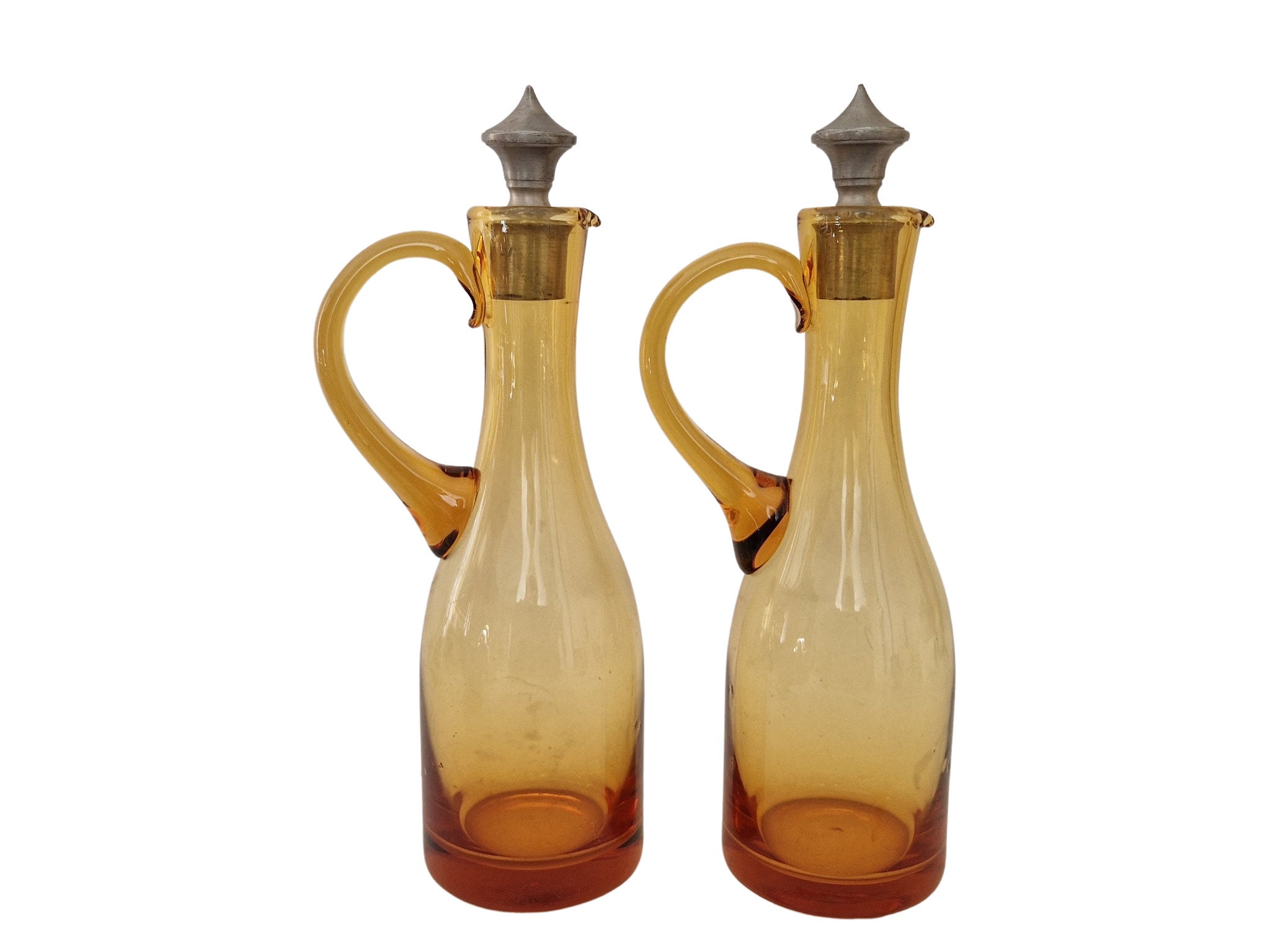 French Pewter Oil and Vinegar Set with Brown Glass Bottles, Salad