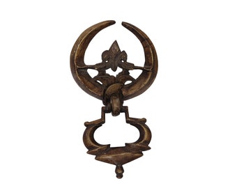 Antique Moroccan Bronze Door Knocker with Crescent Moon and Flower, Moorish and Orientalist Home Front Door Decor, Islamic  Collectible