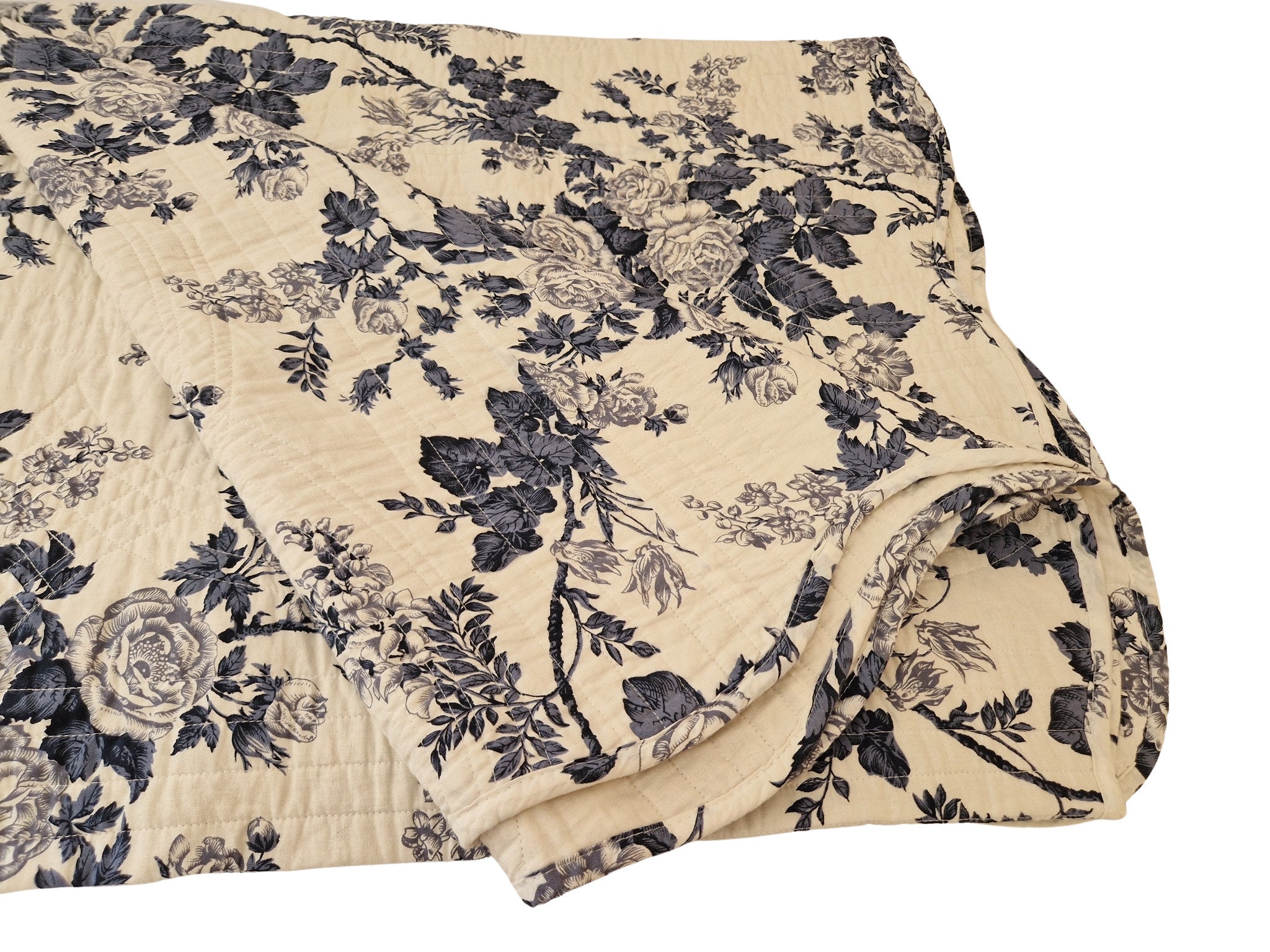 French Bed Quilt with Blue Rose Printed Cotton, Shabby French Chic