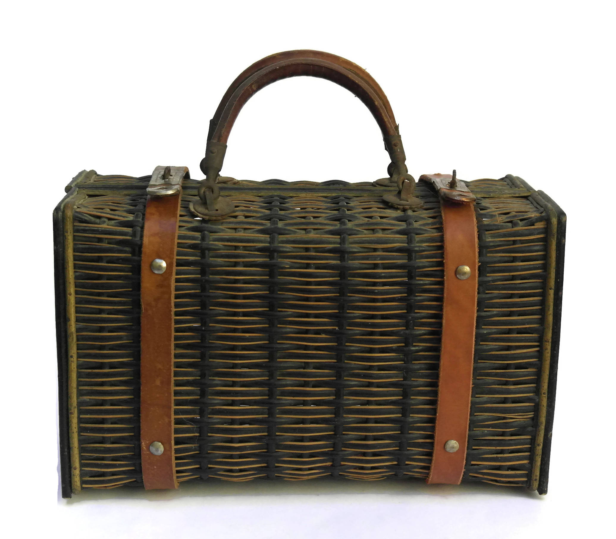 Antique Wicker Basket Suitcase with Brown Leather Straps and Handles.