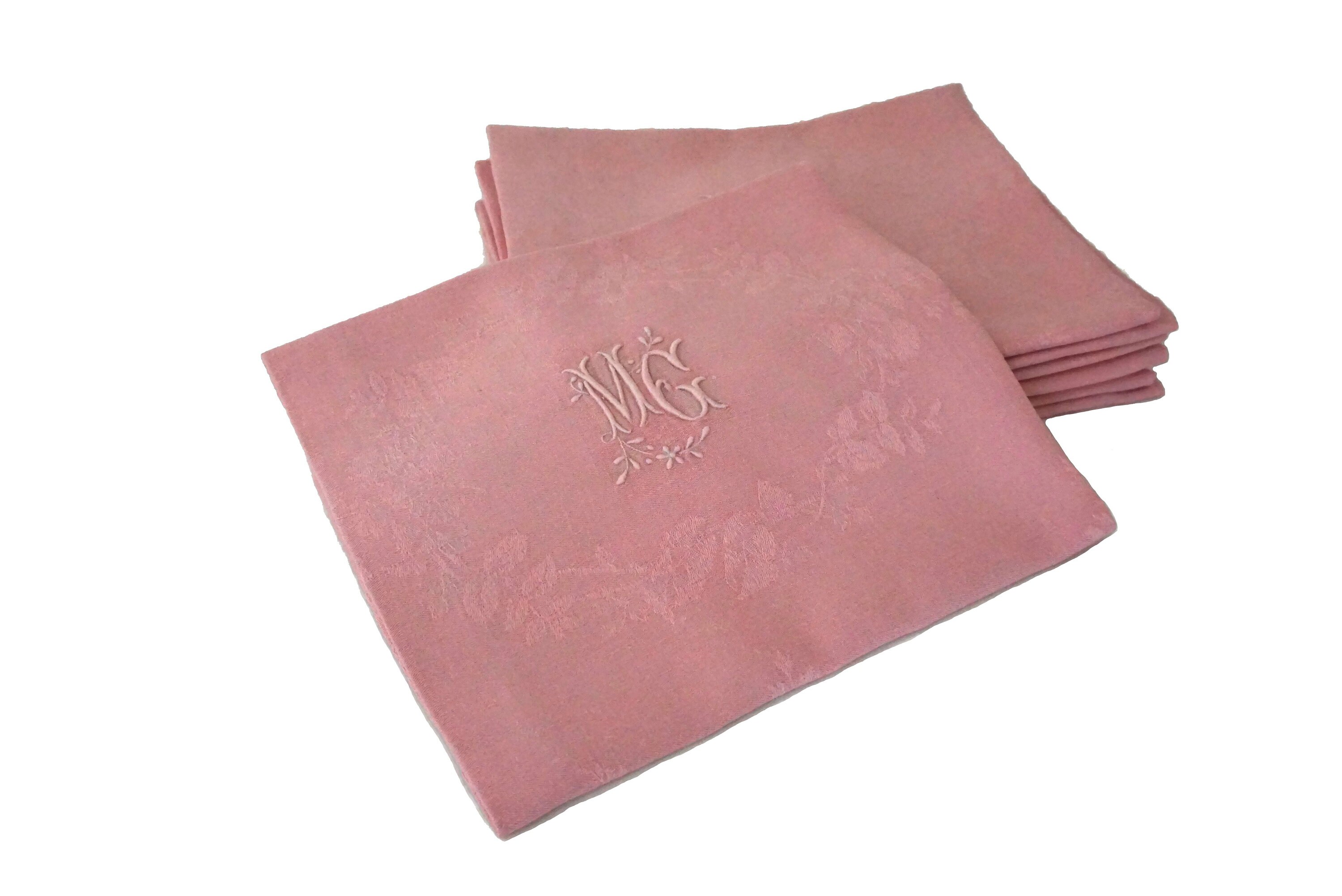 Antique French Linen Napkins, Set of 8, Pastel Pink Monogram Serviettes with Embroidered