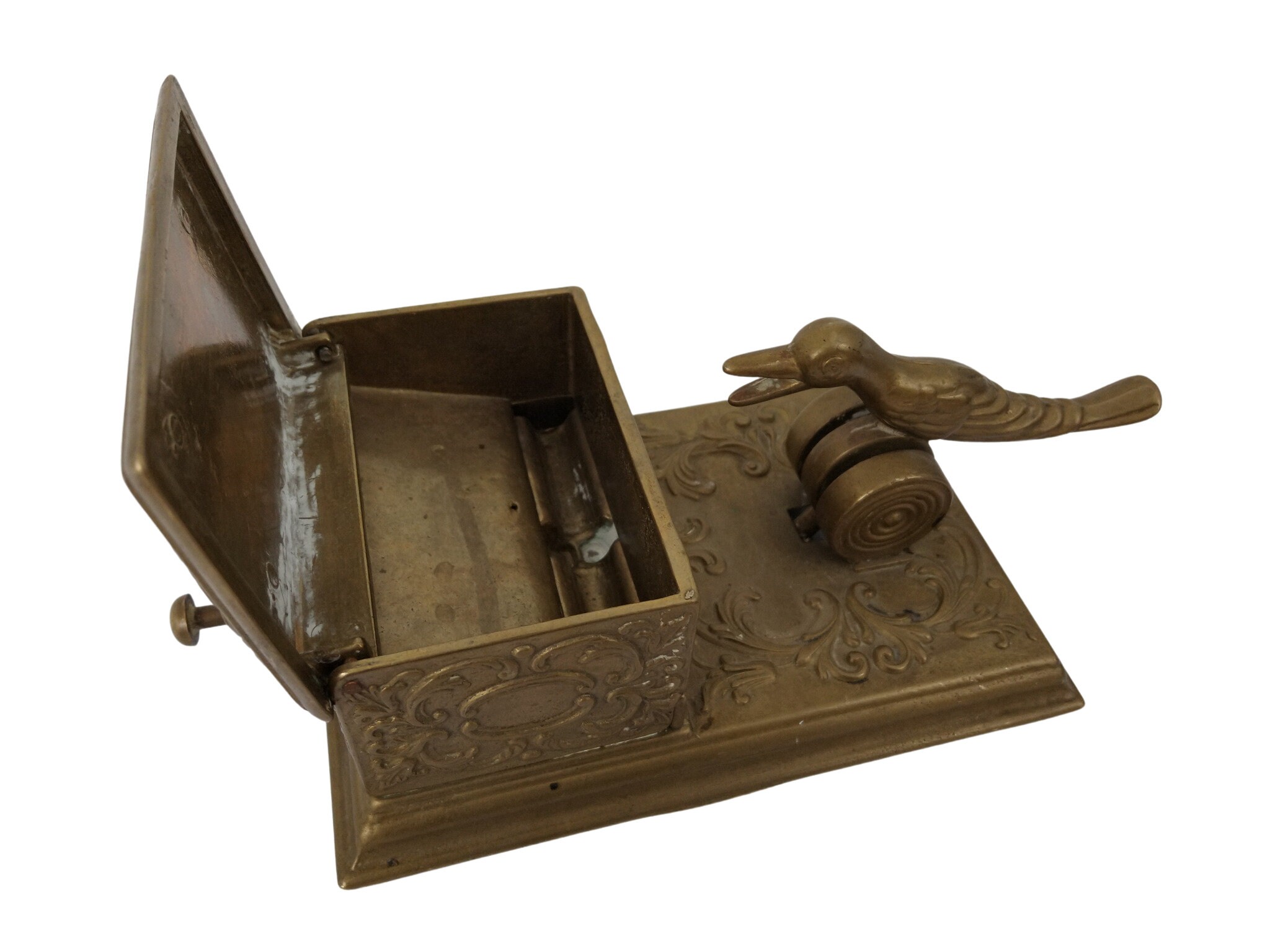 Vintage Brass Cigarette Dispenser Box with Mechanical Bird Figurine