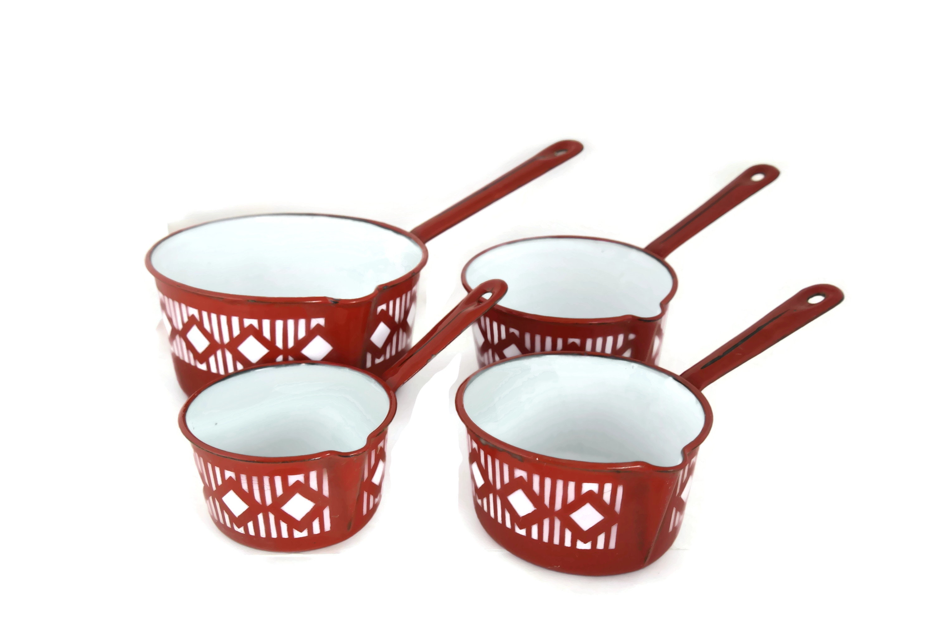 French Enamel Red Saucepan Set, Art Deco Kitchen Decor, Vintage Foodie